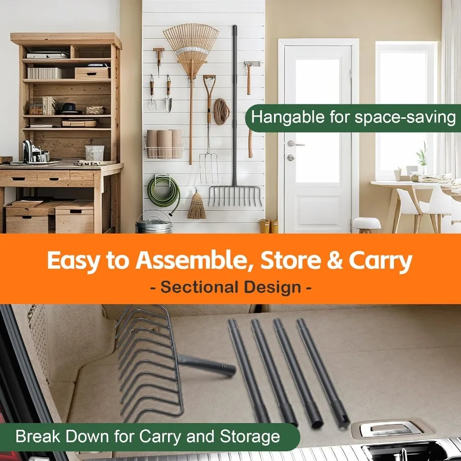 Ancinho de jardim resistente com 11 alvos de metal para uma coleção eficiente de agulhas e folhas de pinho com escova de grama morta de feno em grande Ya