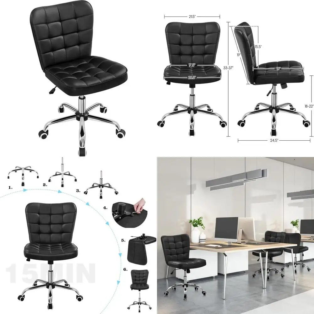 

Contemporary Tufted Armless Office Chair with Faux Leather Upholstery, Adjustable Seat Height, and Rolling Casters