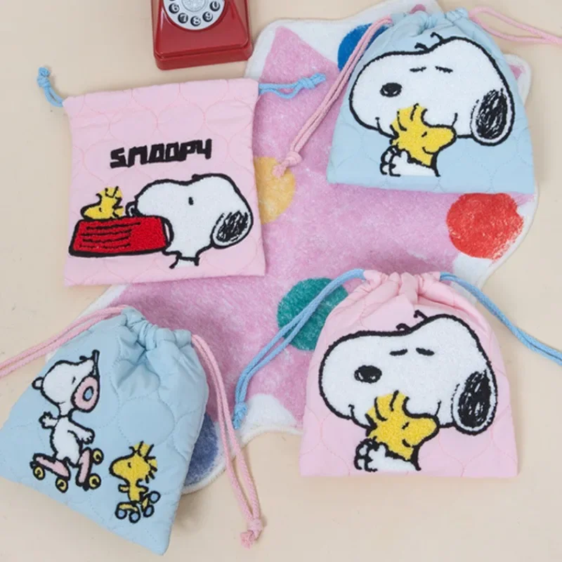 SNOOPY Drawstring Bag Cartoon Travel Cosmetic Lipstick Storage Pouch Women Coin Purse Cute Embroidery Makeup Small Handbag Gift