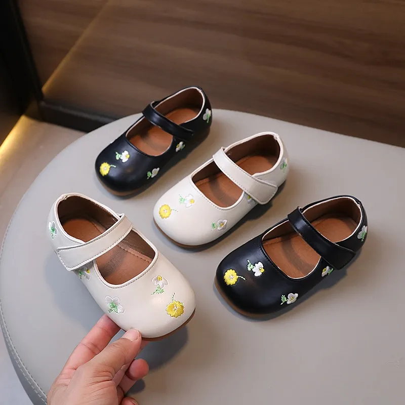 

Baby Girls Leather Shoes with Embroidery Flowers Fashion Princess Toddlers Kids Flats Mary Janes Soft Floral Black Beige 21-30