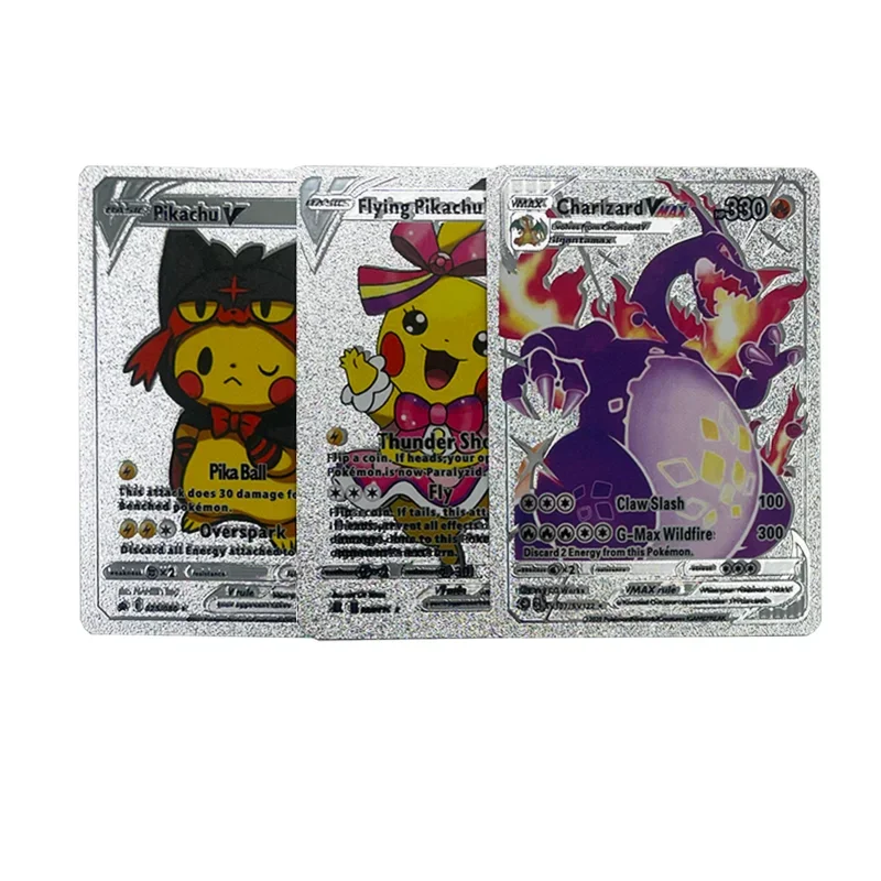 Pokemon Pikachu Children\'s Holiday Gift Golden Metal Card Silver PS HP English Spanish Peripheral Series Classic Toy Card