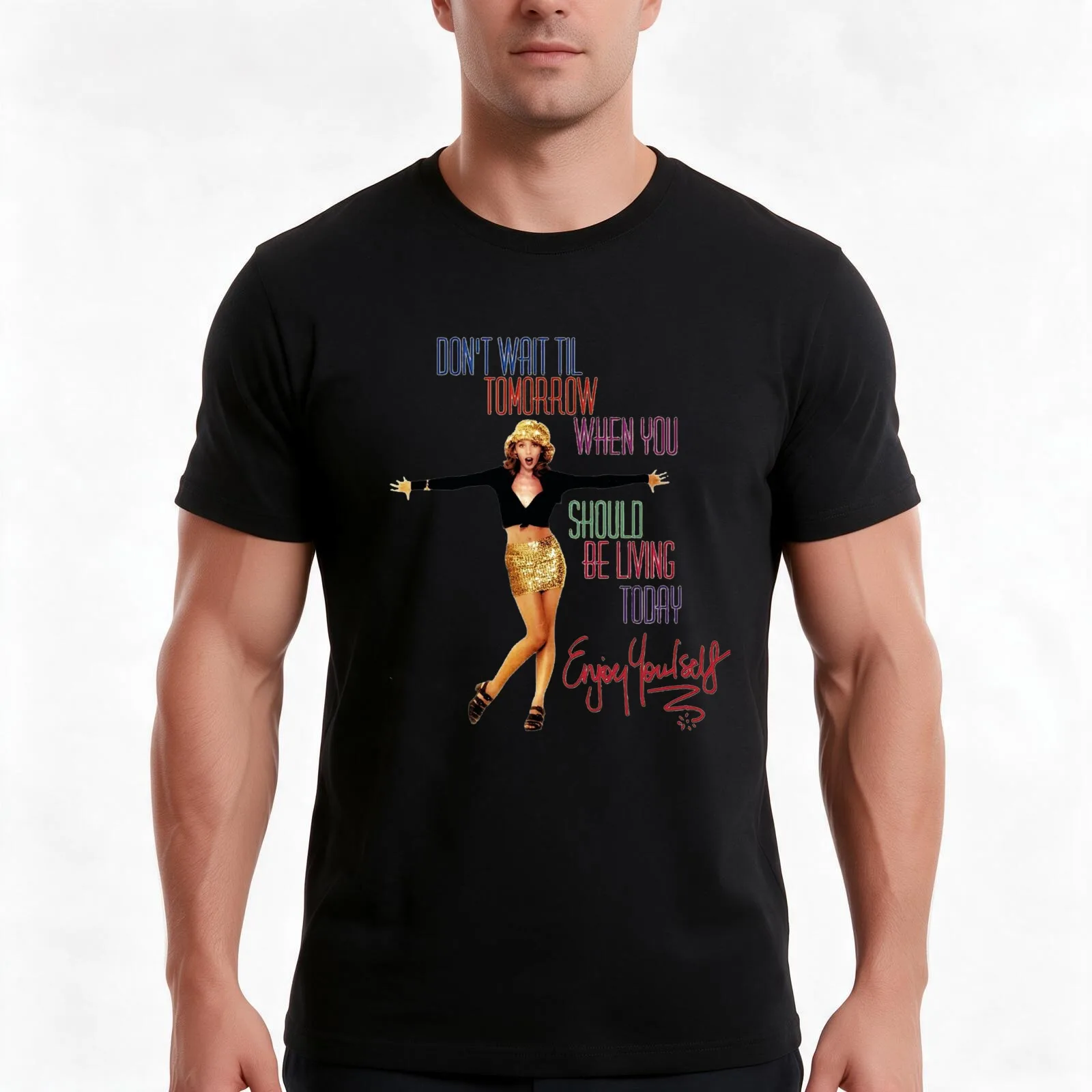 Kylie Enjoy Yourself Fitted Scoop T-Shirt, Summer Casual Cotton Tee, Oversized Streetwear Tops, Vintage Graphic Print