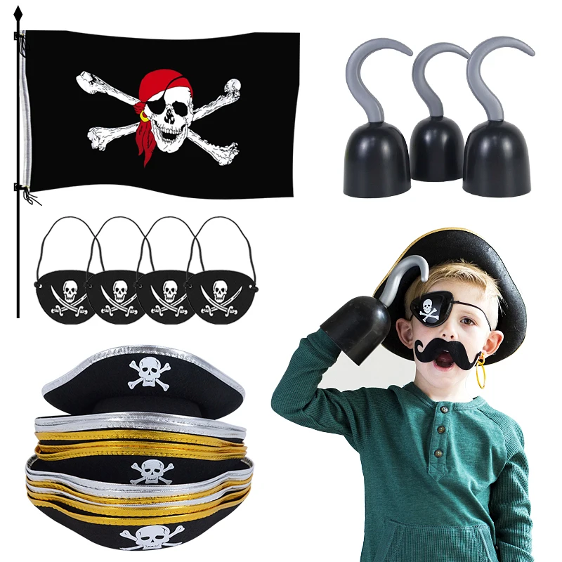 Pirate Captain Cosplay Costume Props Pirate Hat Hook Hand Flag Balloons For Halloween Kids Birthday Party Decoration Supplies