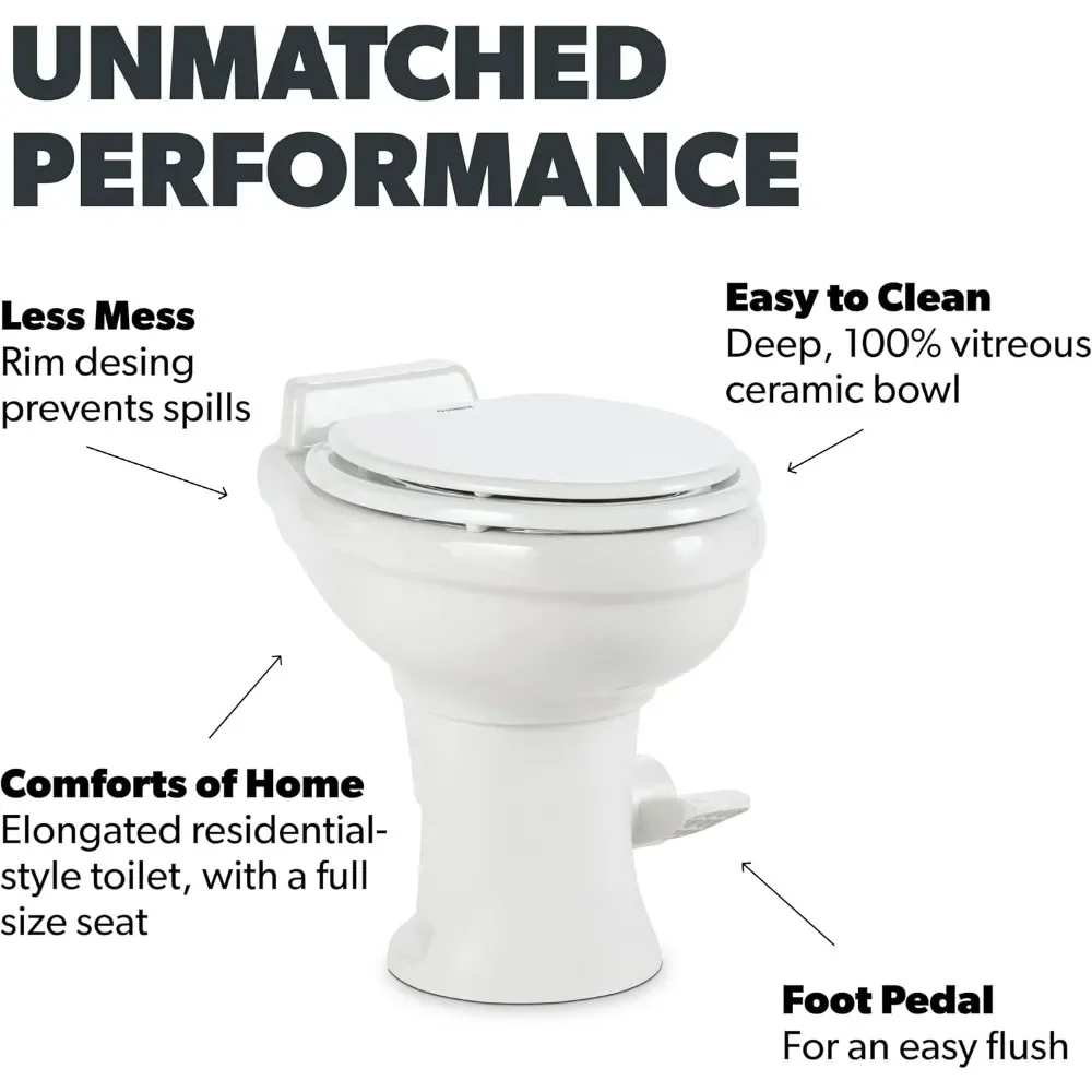 320 RV Toilet  White ,Standard Height ,Gravity Toilet,Elongated Ceramic Bowl,Flush with Foot Pedal,For RVs,and Outdoor Campers