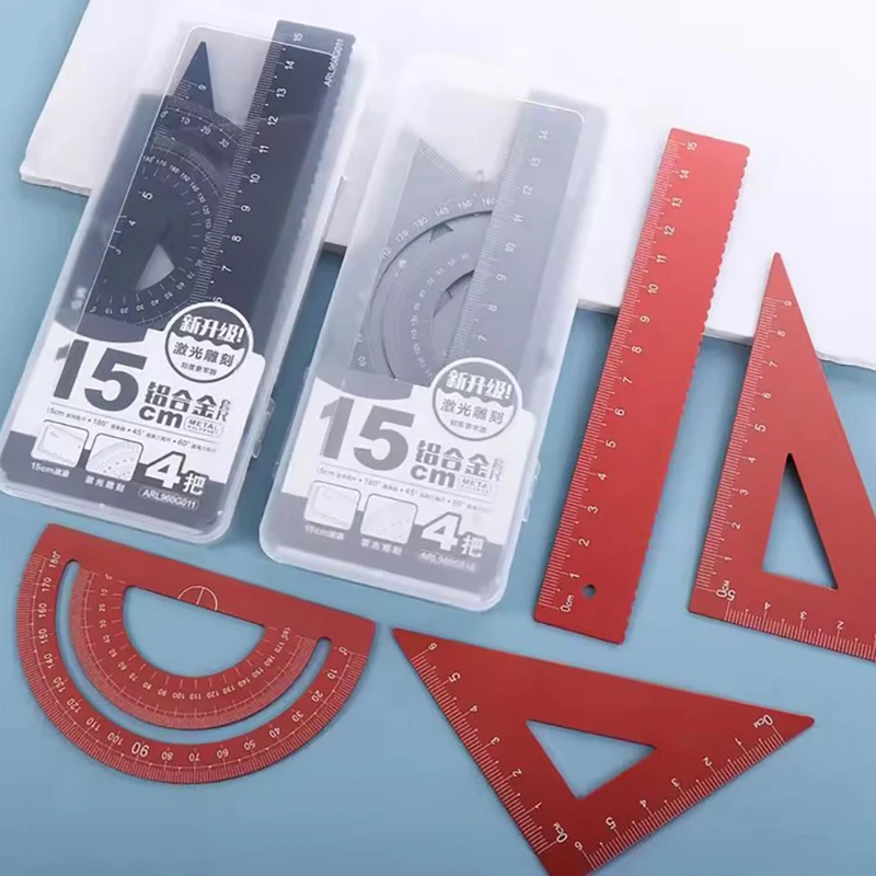 4Pcs/Set Aluminium Ruler Set Metal/Plastic/Soft Geometry Maths Drawing Compass Stationery Rulers Mathematical For School
