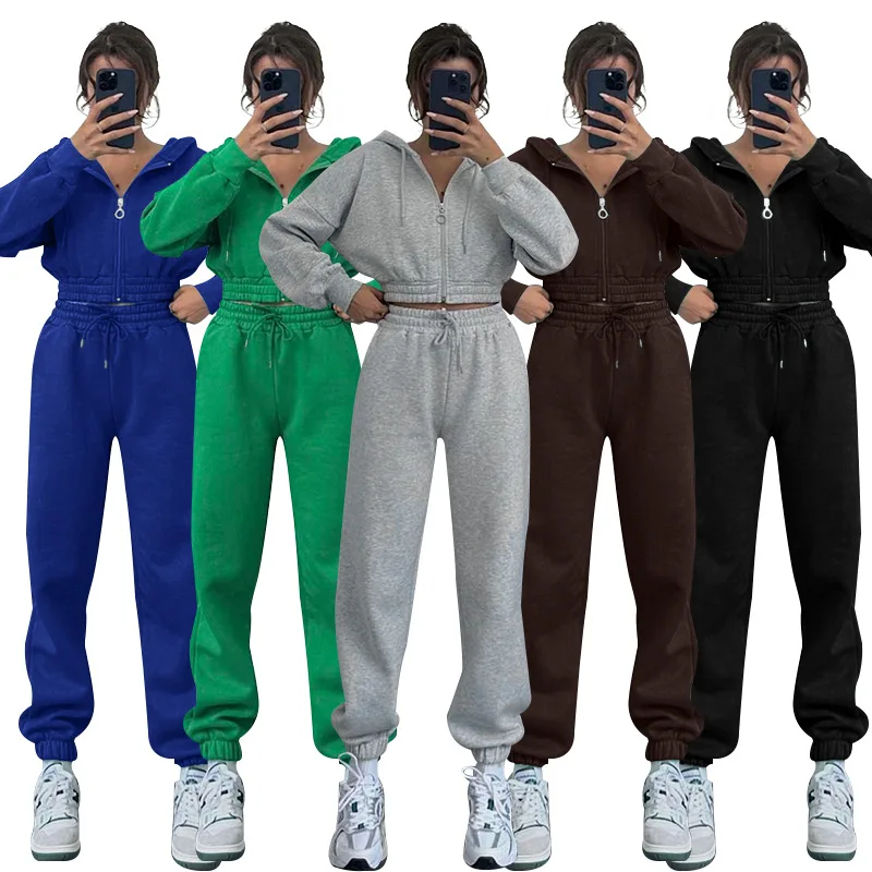 

Спортивные костюмы из двух предметов для женщин, короткие толстовки на молнии, толстовки, пальто и спортивные штаны на шнурке, повседневная спортивная одежда