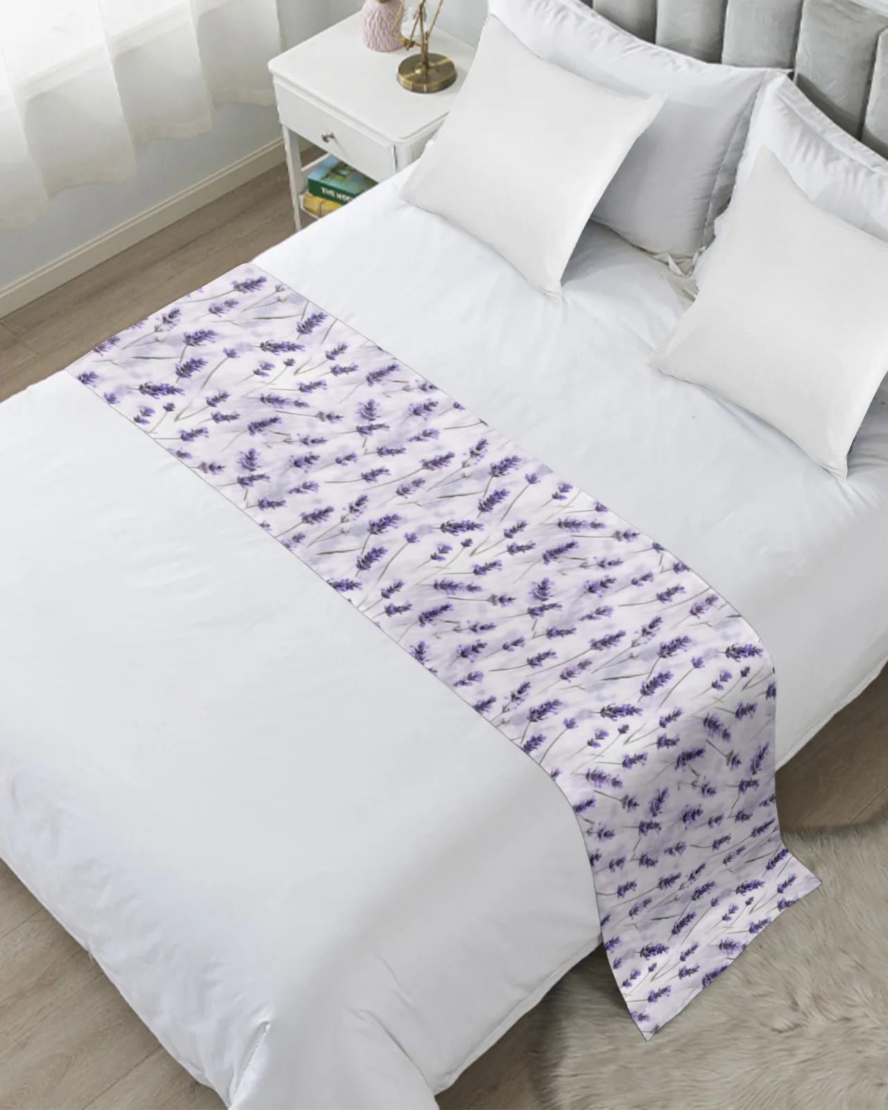 Flowers Watercolor Leaves Lavender Soft Bed Runner Home Hotel Table Decor Bed Flag Wedding Bedroom Bed Tail Towel