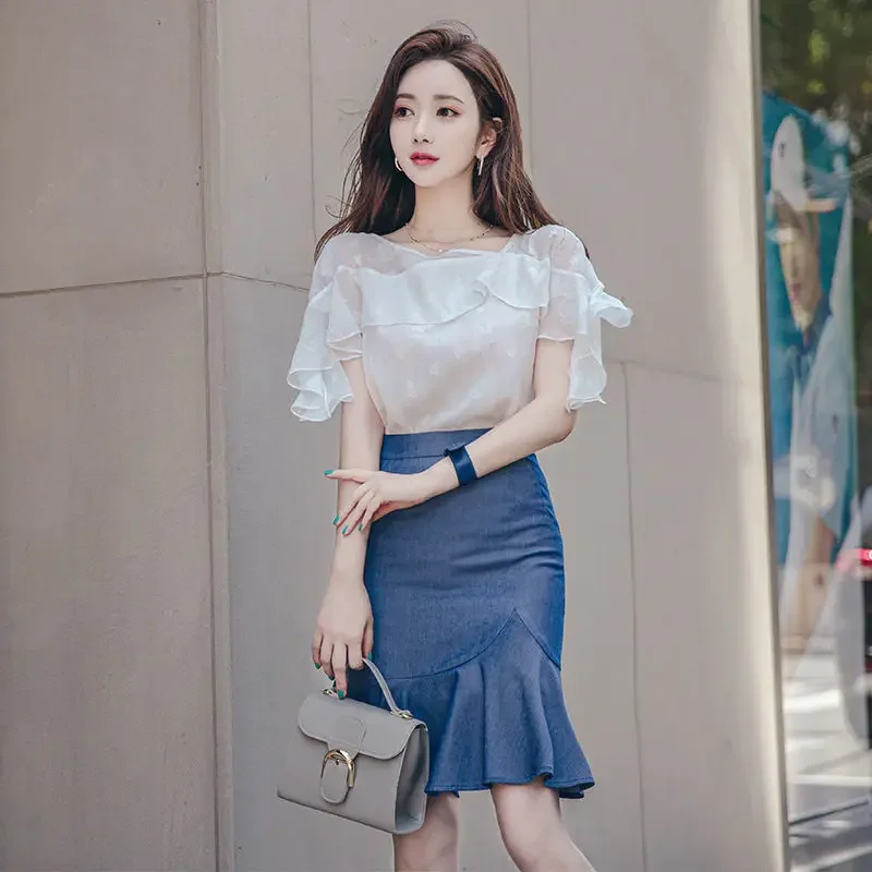 Short Sleeve Commuting Women\'s Two Piece Set Ruffles Mini Skirt Female Outfits Kawaii Lightly Cooked Beach Vintage New Matching