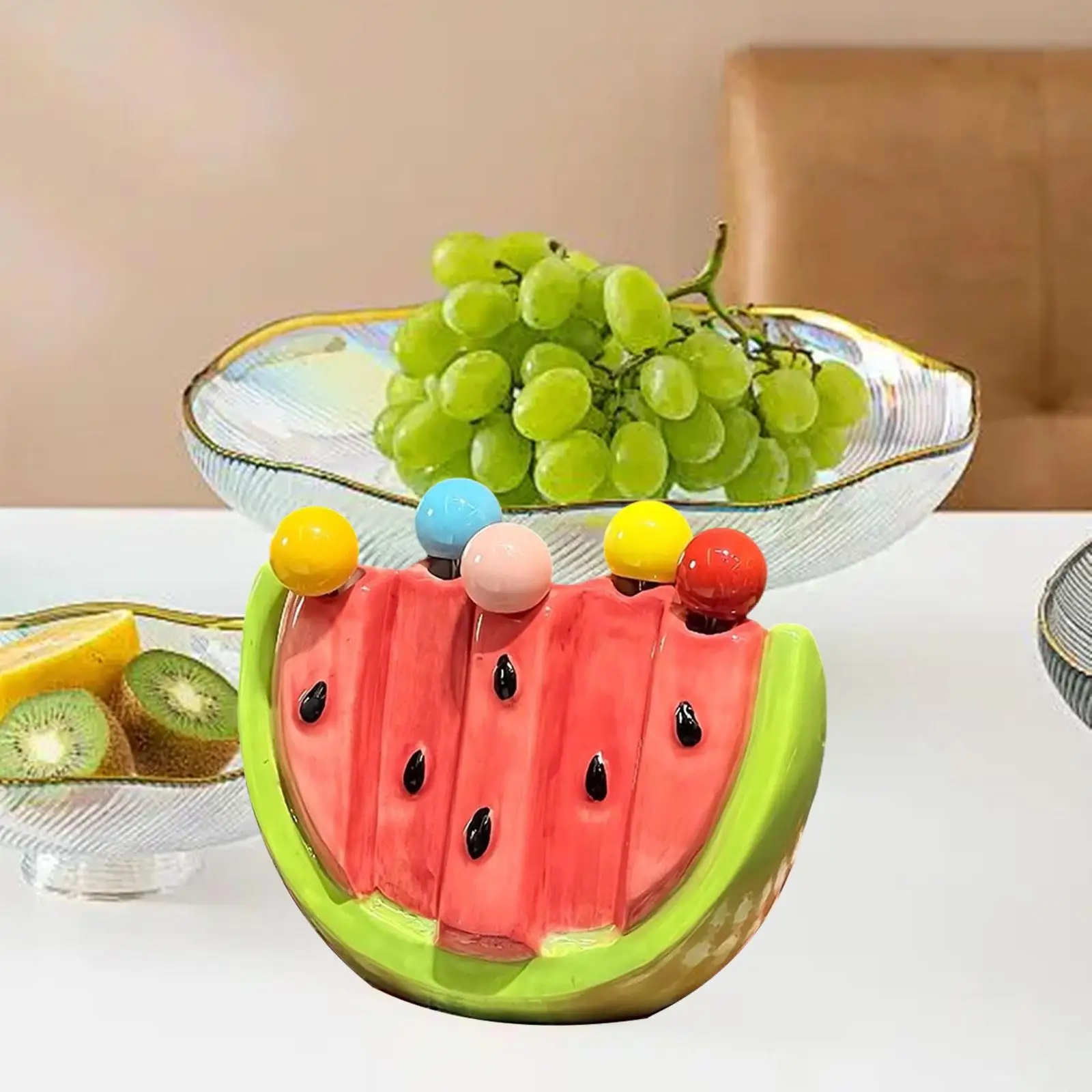 Juego de tenedores de fruta con tarro de cerámica, soporte para utensilios en forma de sandía, tenedores para aperitivos, bonitos para ensalada, pastel, decoración de mesa para el hogar, fiesta, 5 uds.