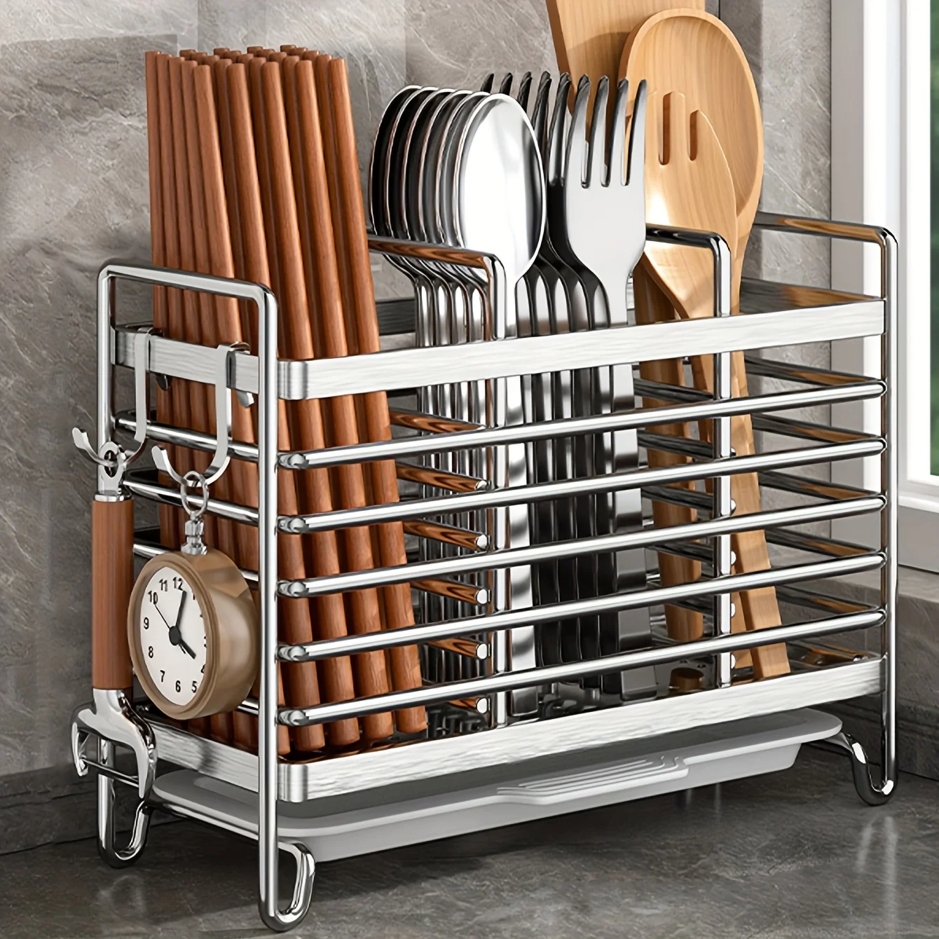 No-Drill Wall-Mounted Utensil Holder. Stainless Steel Space-Saving Organizer for Kitchen Cutlery, Ideal for Small Spaces.