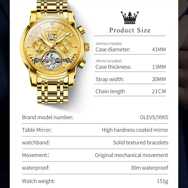 OLEVS 9965 orologio meccanico automatico per uomo scheletro volano orologi da uomo impermeabili calendario settimanale orologi da polso da uomo di lusso