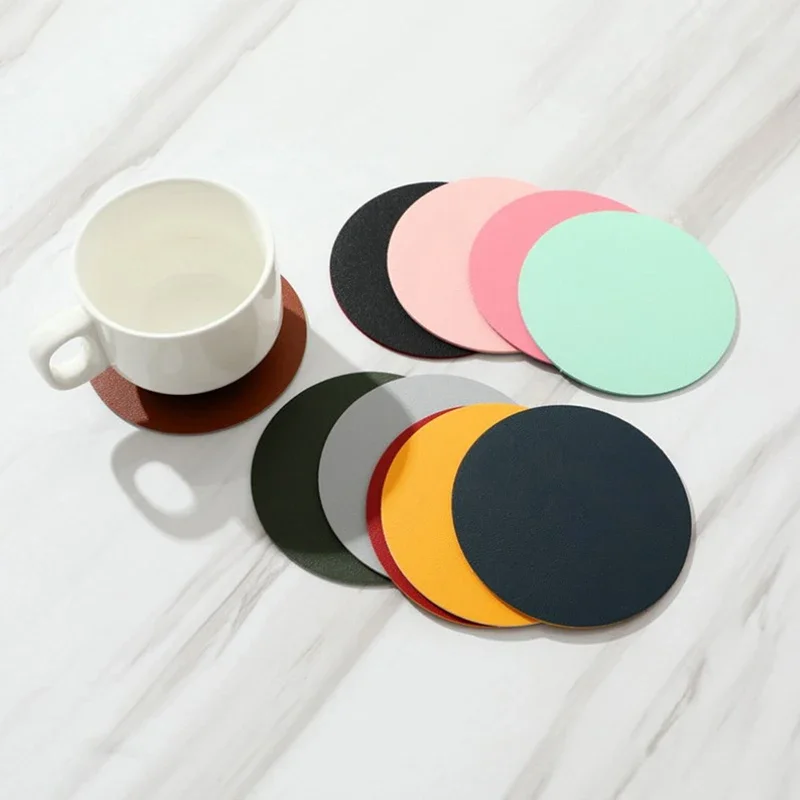 10cm Round Solid Color Drink Coffee Tea Cup Mats Water Proof Leather Coaster Cup Holder Mat Heat Resistant Table Protector Pad