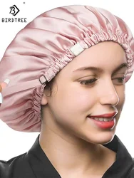 Birdtree-Bonnet de nuit double couche pour femme, cheveux purs, enveloppement de sauna élastique rond, Mulberry InjBonnet, A34324M, 100%