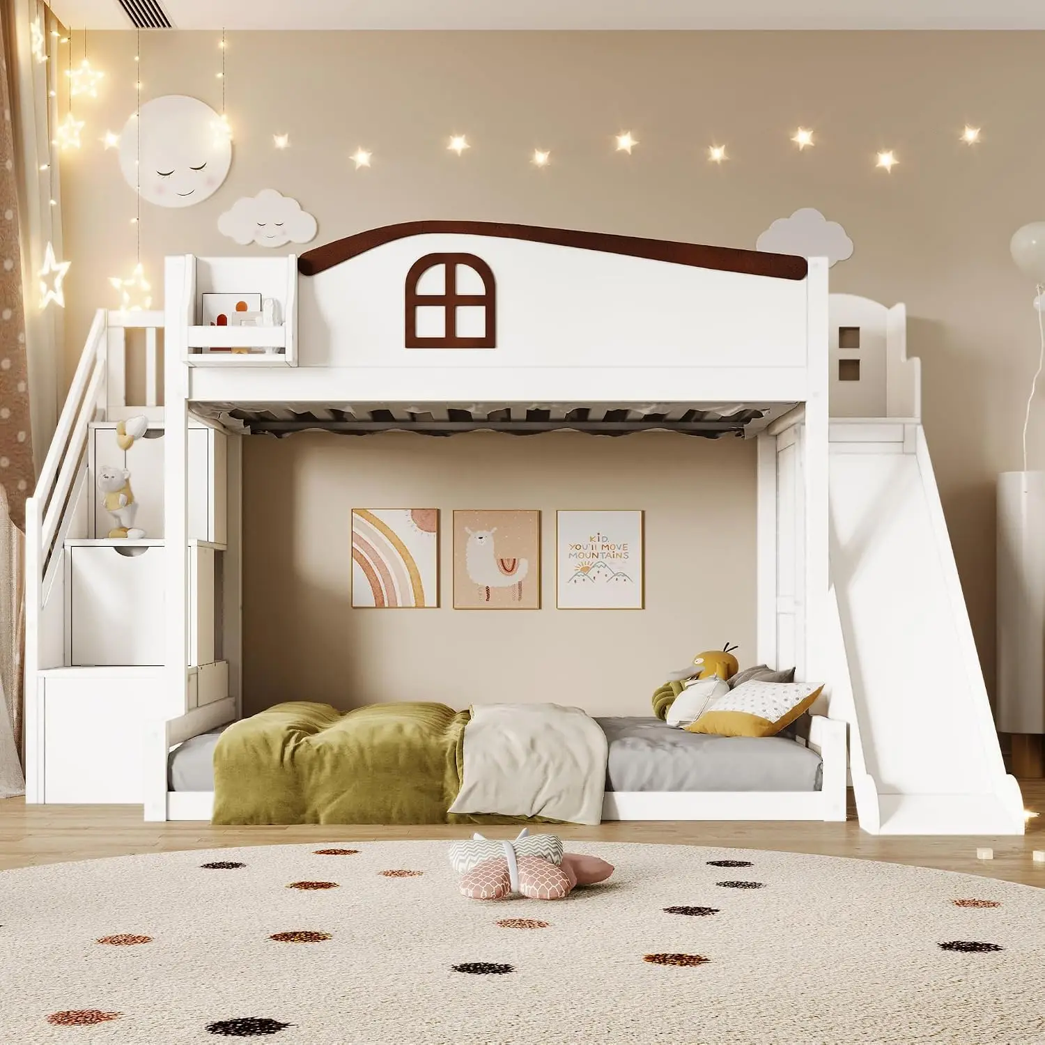 Bunk Bed with Storage Staircase and Slide (White-S-, Twin Over Full) | Ample Storage Shelf,No Box Spring, Customized