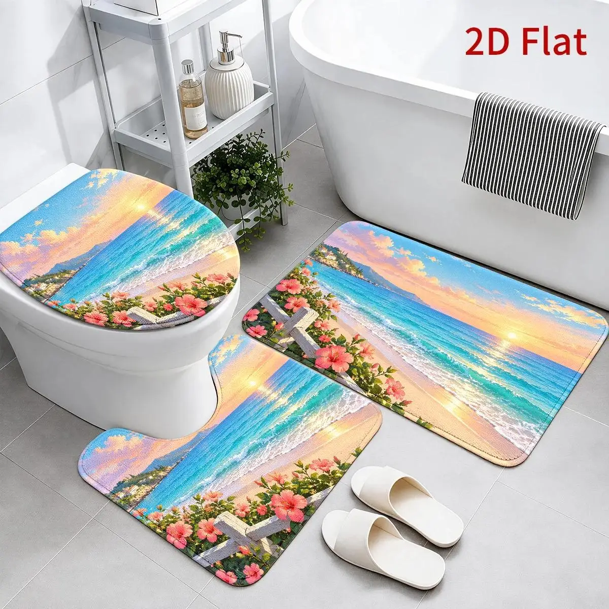 Tropical Beach Scene Bath Mat Set for Bathroom Decor 3 Piece Set with Slippers