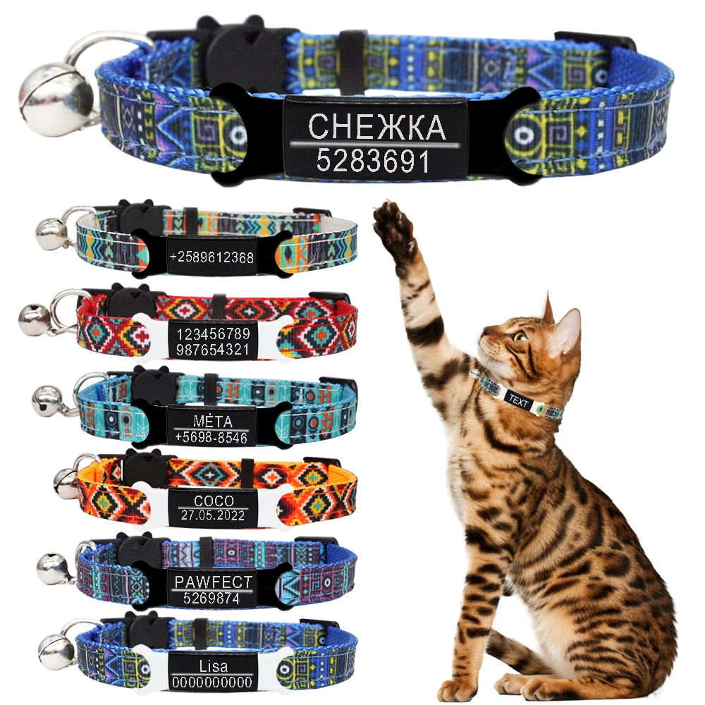 Collar de gato con etiqueta de identificación personalizada, Collar personalizado de seguridad, ajustable, grabado de nailon, para gatito pequeño