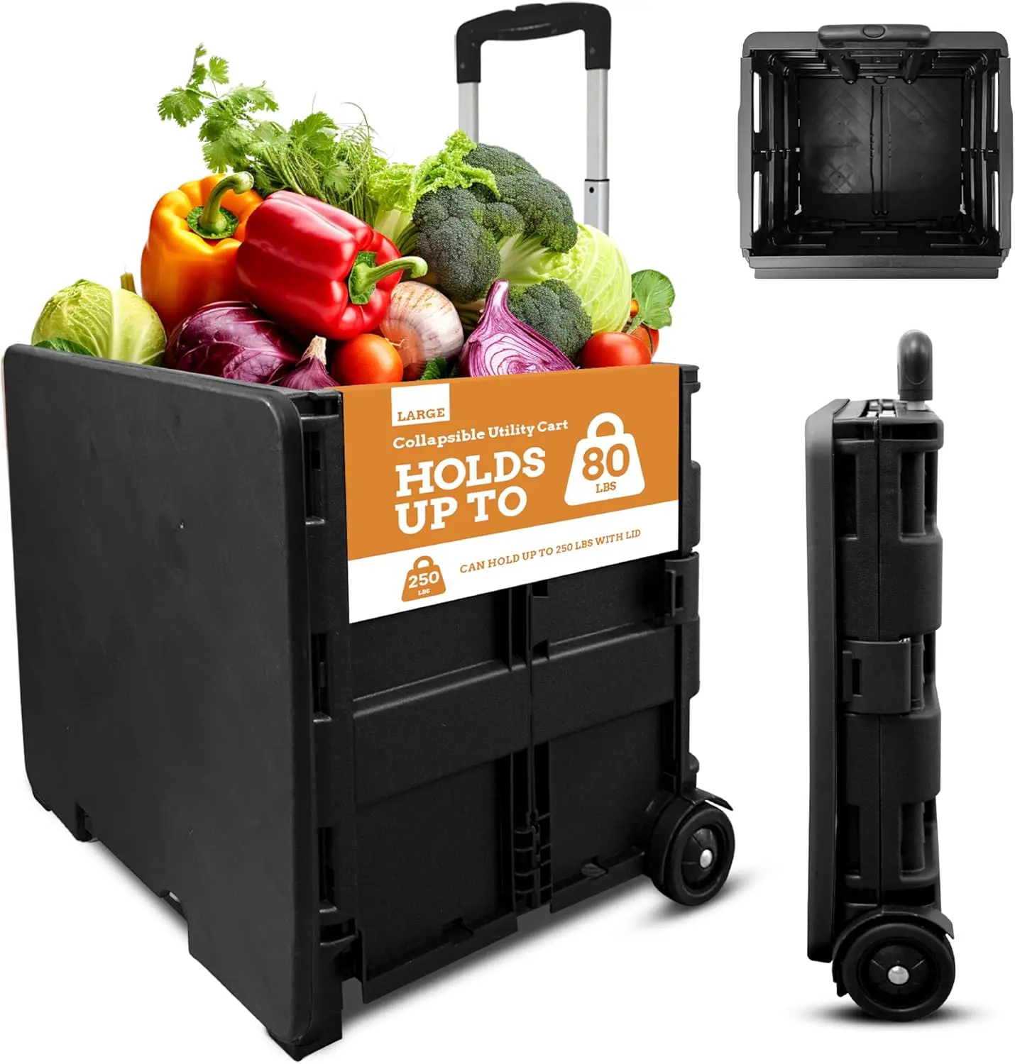 

Collapsible Ultra-Slim 2-Wheel Utility Cart with Lid, Holds Up to 250 Lbs, Telescopic Handle for Home, Garden, Shopping