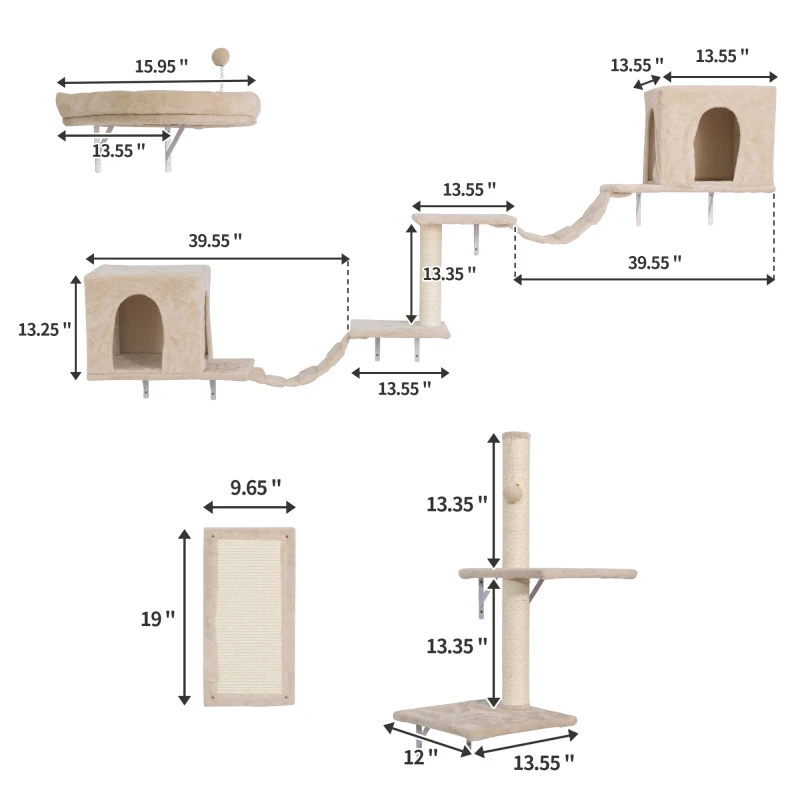 Wall-mounted Cat Tree, Cat Furniture with 2 Cat Condos House, 3 Cat Wall Shelves, 2 Ladder, 1 Cat Perch