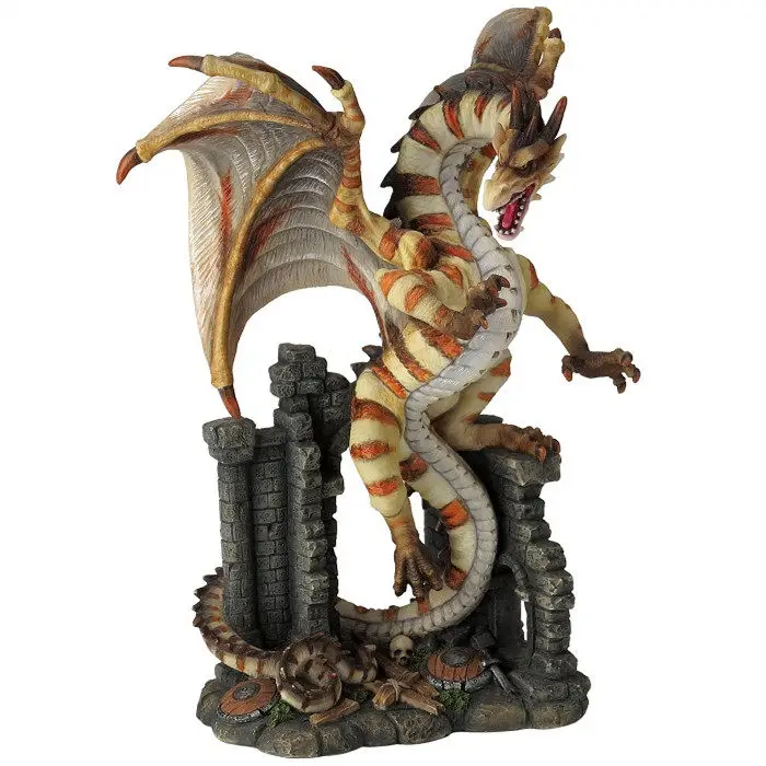 Striped Ruins Castle Winged Dragon Resin Figurine Fantasy Medieval Ancient Tower Monster Statue Gothic Home Desktop Ornament