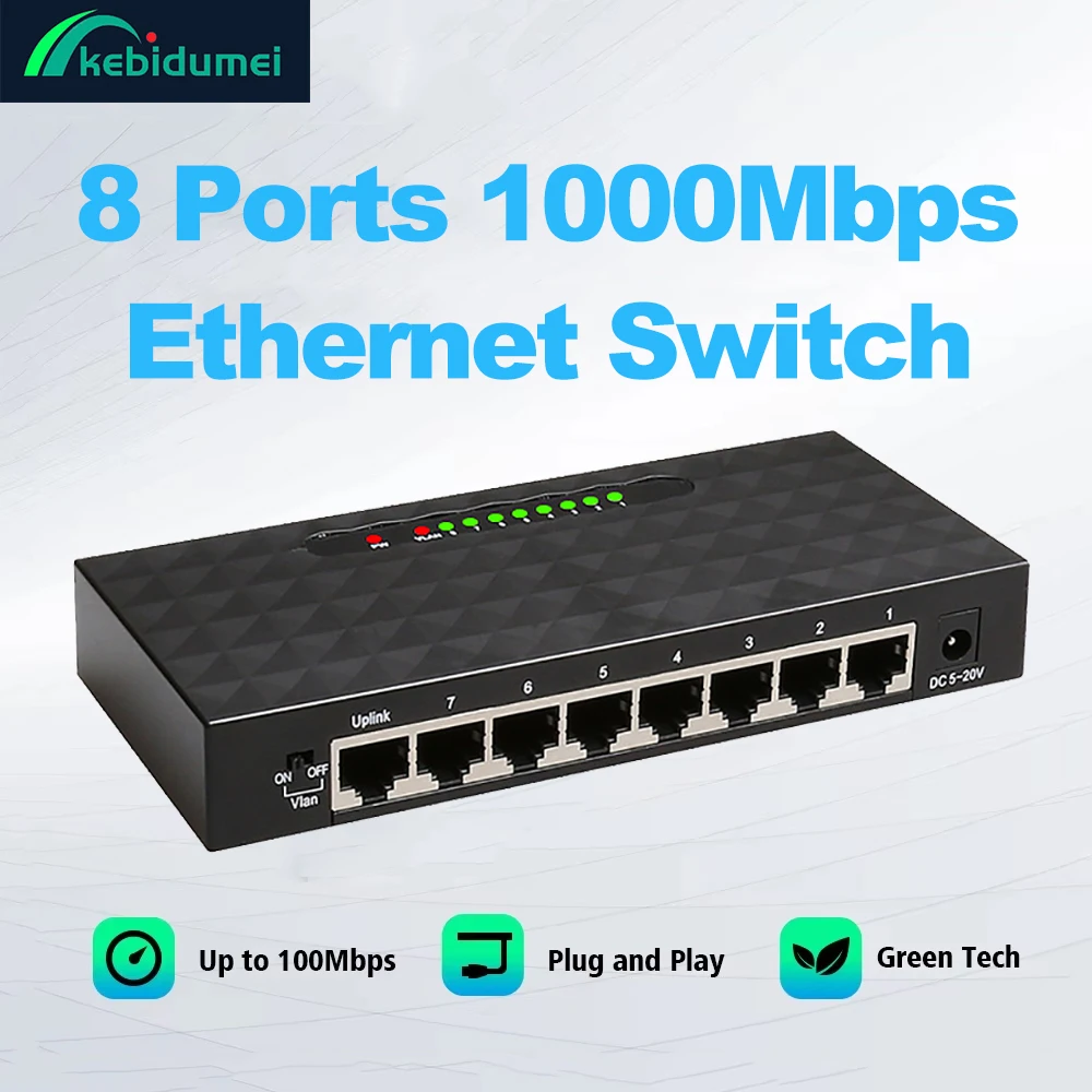Kebidumei 8 Port 10/100/1000Mbps محول الشبكة سريع إيثرنت جيجابت شبكة توسيع الفاصل للمنزل مكتب التوصيل والتشغيل