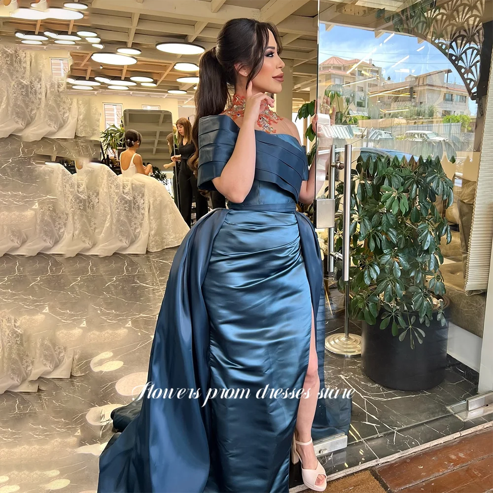 

Платье для выпускного вечера со складками и цветами, вечернее платье трапециевидной формы, вечернее платье с открытыми плечами, торжественное платье для арабских женщин по индивидуальному заказу