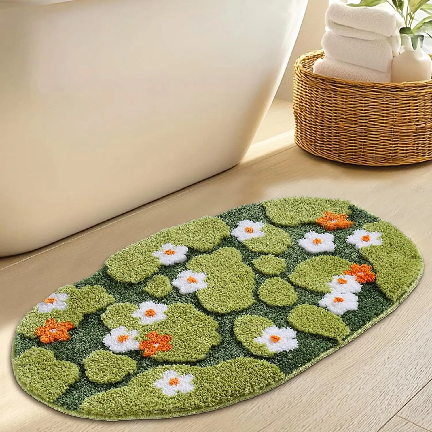

Green Floral Moss Bathroom Rug, Ultra Thick Soft 3D Decor Non-Slip Absorbent Washable Mat 20x32 Inch