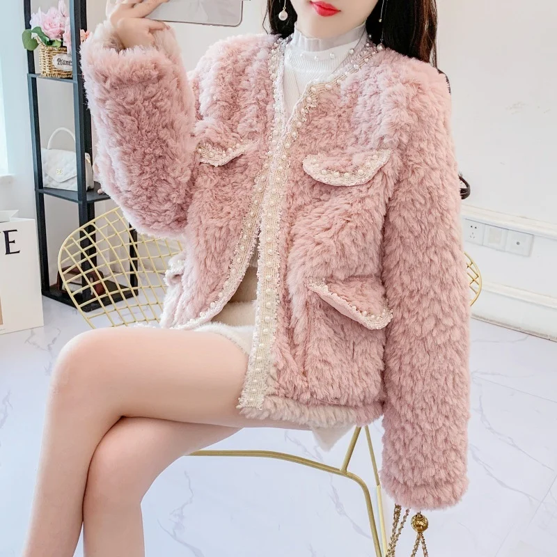 Fashion Women's Wool Coat Medium Long Autumn Winter Sweet Fur One Piece Warm Jacket Imitation Lamb Hair Outerwear