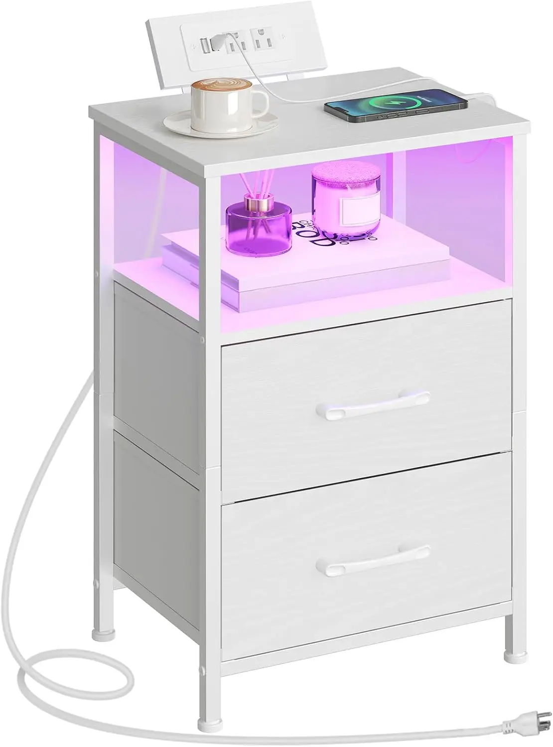 

Nightstand with Charging Station, Bedside Table with LED Lights and 2 Fabric Drawers, End Table with 2 AC Outlets and US