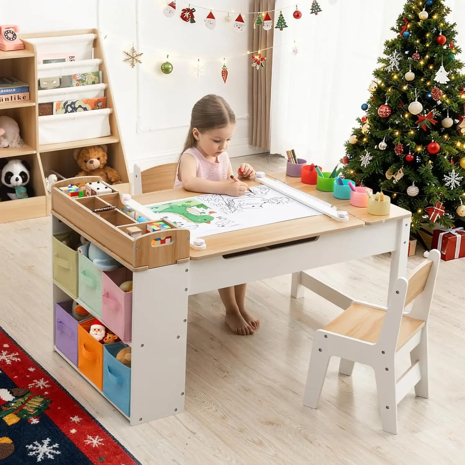 

BestsellerKids Art Table and Chair - Toddler Craft Table and Chairs Set with 2 Chair & Bins, Kids Activity Desk with Paper Roll