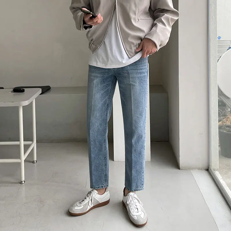 Celana Denim katun regang pria, Jeans panjang pergelangan kaki tipis desain Streetwear Korea celana Denim kasual H23 musim panas kualitas tinggi