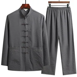 Conjunto de ropa tradicional china para hombre, camisa de Kung Fu con hebilla de otoño, pantalones superiores Retro orientales, uniformes transpirables de Tai Chi, Hanfu