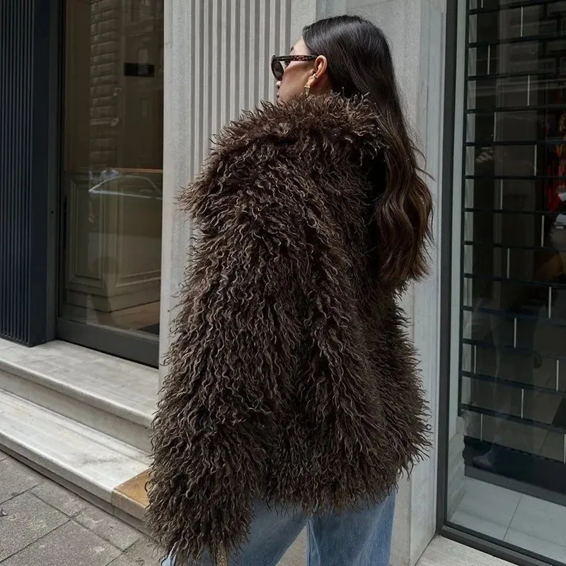 Faux Mongolia Sheep Fur Coats Women Solid Short Jackets Turn Down Collar Open Stitch Thick Straight Casual 2026 Autumn Winter
