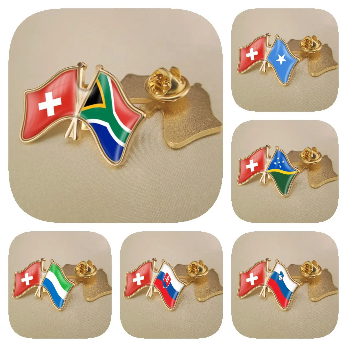 Switzerland and Sierra Leone Slovakia Slovenia Solomon Islands Somalia South Africa Crossed Friendship Flags Lapel Pins Badges