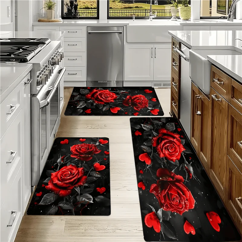 Red Rose Black Background Kitchen Mat Non Slip Washable Rug For Bathroom Laundry Office Home Decor