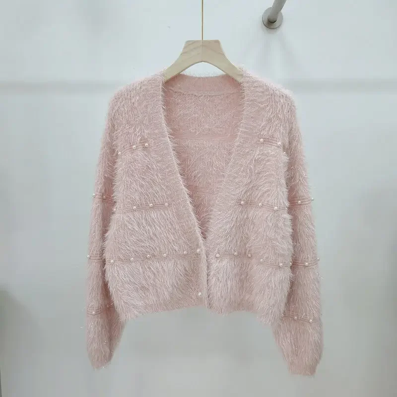 Gagaok Cardigans Short Jacket Imitation Mink Fur Mink Bead Knitted Cardigan Autumn Winter Tops French Style Sweater Coat