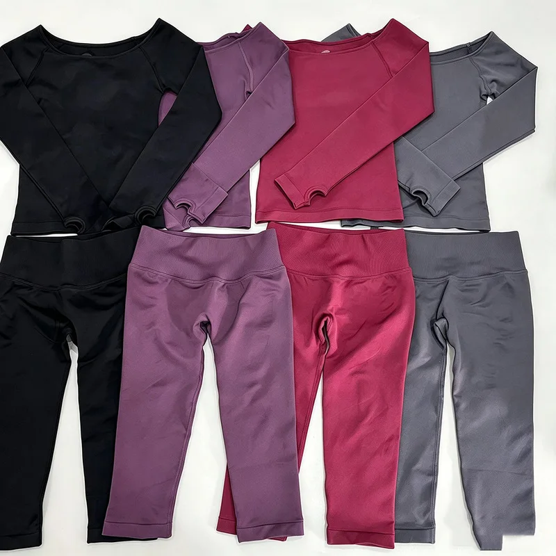 Denyf Womens Casual One Shoulder Long Sleeve Tee And Quick Dry High Elasticity Seven Length Pants Set For Outdoor Sports Gym Tra