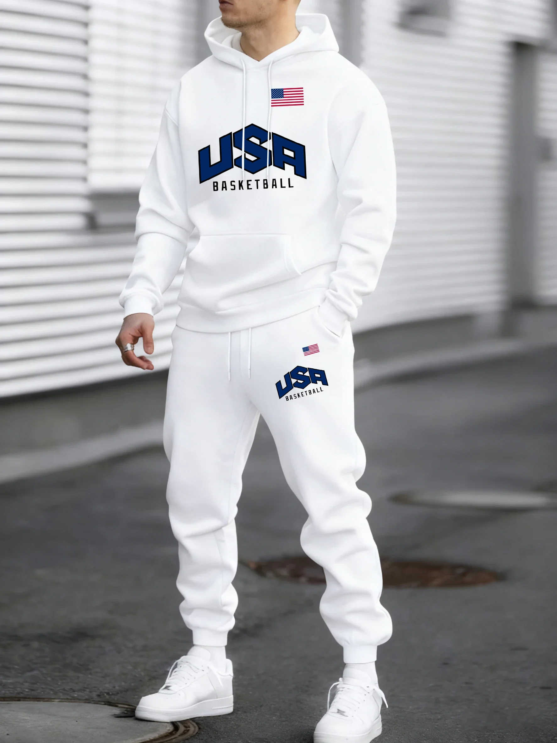 

American printed pullover men's autumn loose retro casual set fleece warm pants and neutral basic style clothing