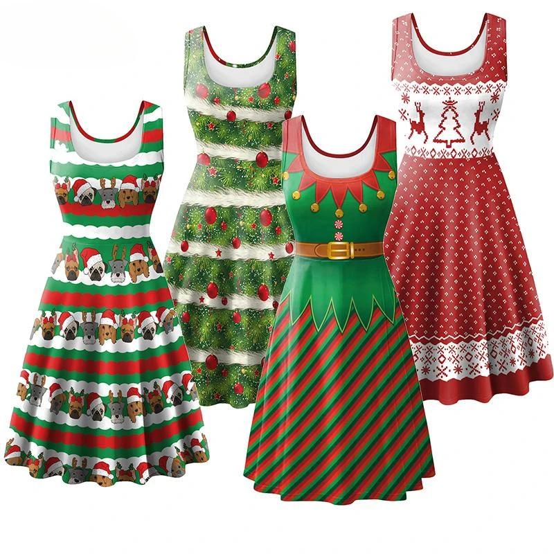 

Christmas Dress Women Crewneck Green Elf Cosplay Costume Vintage Pattern Party Robe Xmas Carnival Female Gown Christmas Dress