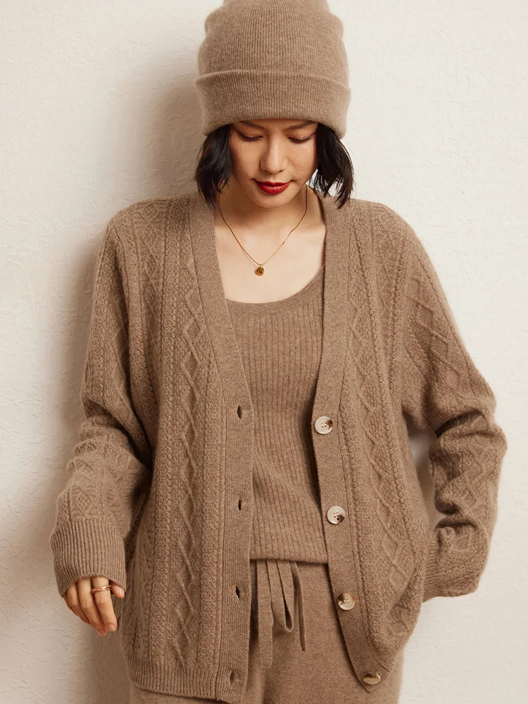 Luxury  Women Cardigan 100% Cashmere Sweater Coat V Neck Buttoned Knitwear Thick Warm Jacket Popular Female Tops Clothing