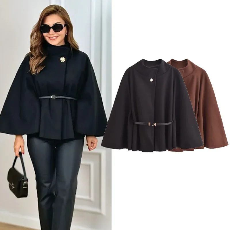 

Elegant Cape Coat 2025 Women's Winter Spring Oversized Long Sleeve Cloak Fashion Casual Brown Red Black Jackets Outerwears