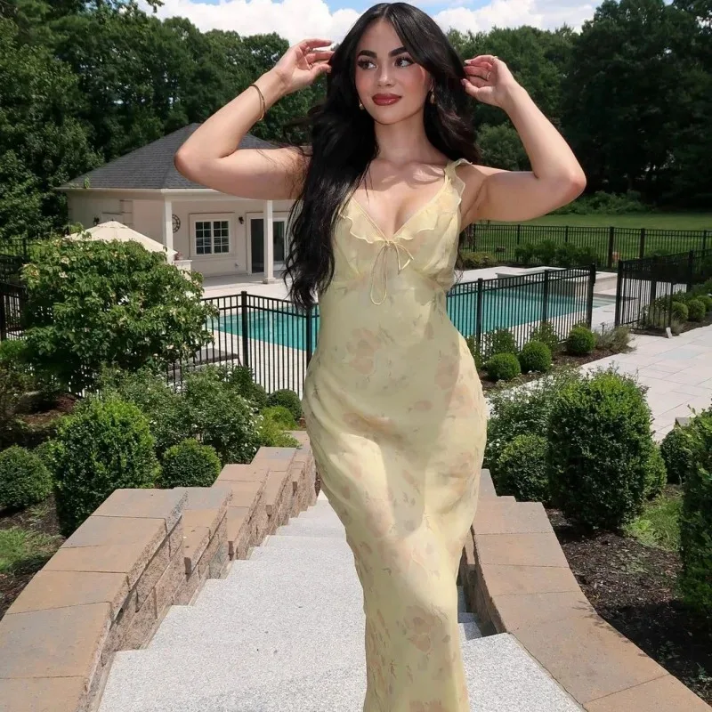 Bonny Summer Floral Print Plunge Maxi Dress Outfits Sexy Backless Fairy Sun Dresses Vacation Beachwear Vestido Coquette