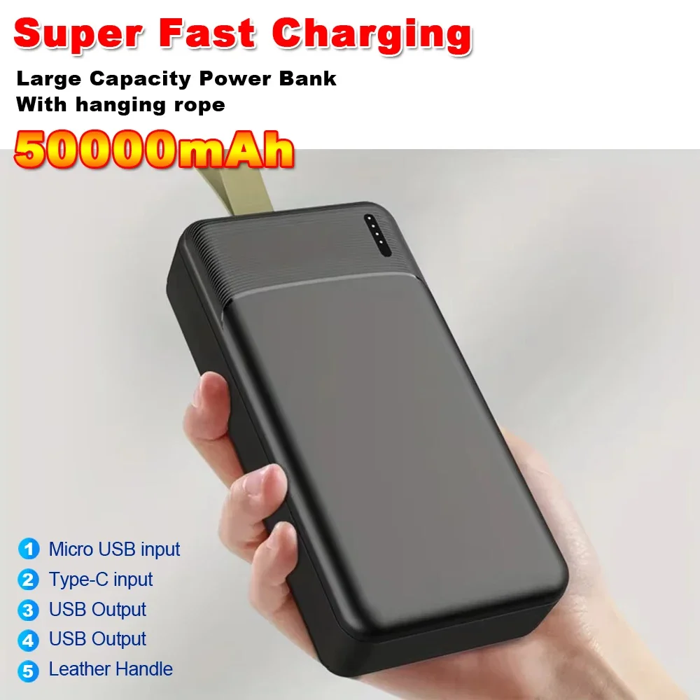 Power Bank 50000mAh High-capacity Battery Portable Design Fast Charging Battery Charger with Hanging Rope For iPhone 16 Xiaomi