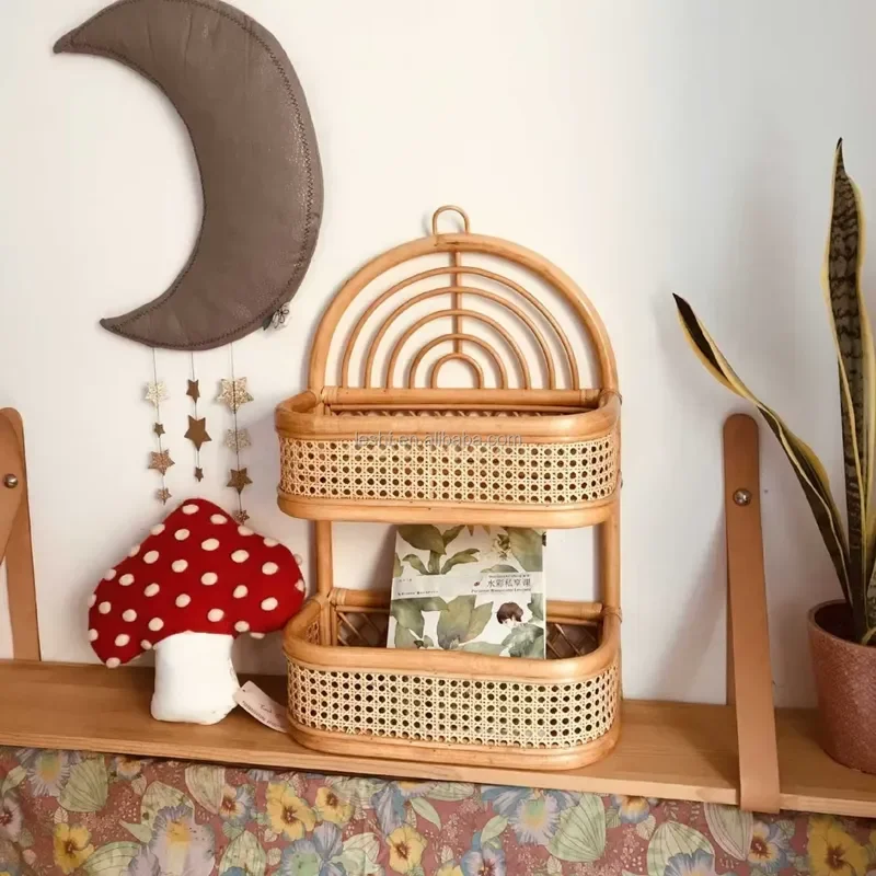 Handmade Rattan Two Tier Rainbow Shelf Wall Mounted Floating Decor for Bedroom New Design Home Decoration Wholesale Item New