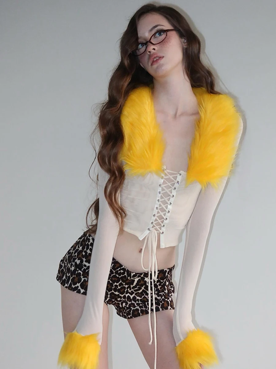 Faionable Weird Puss femmes imprimé léopard évider Long Sve irt et ort pantalon ensemble avec col en fausse fourrure à la mode Sle