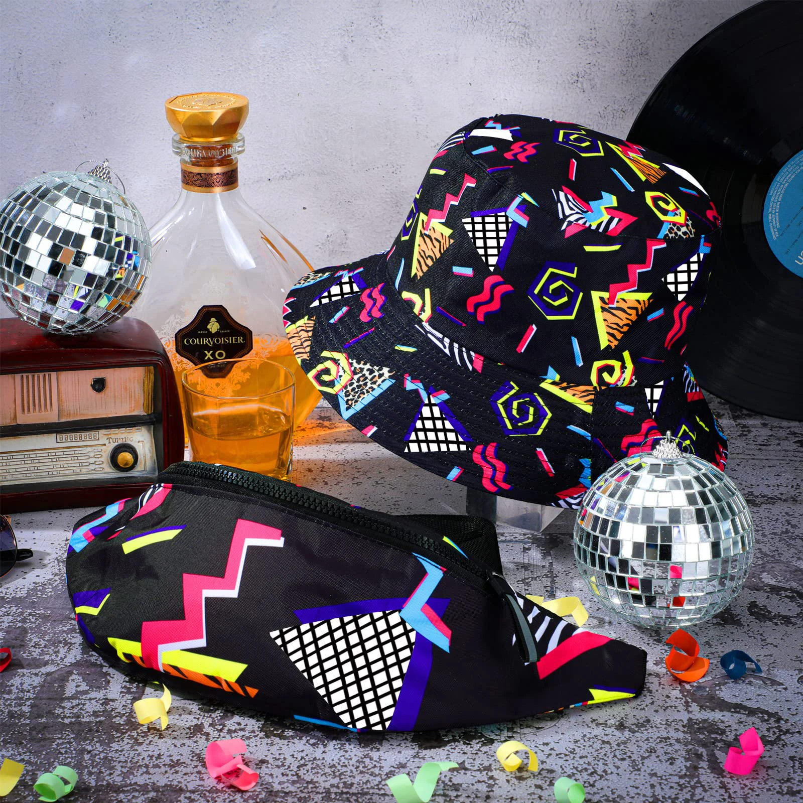 2 Pcs 80s 90s Fanny Pack Bucket Hats Set for Men Women Neon Waist Packs Hat for Sports Party