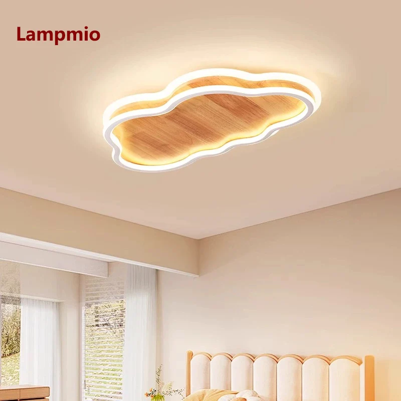 Lampmio Home Decor Cloud Shaped Wooden Ceiling Light Dimmable Japandi Style LED Ceiling Mount Lamp for Living Room Bedroom