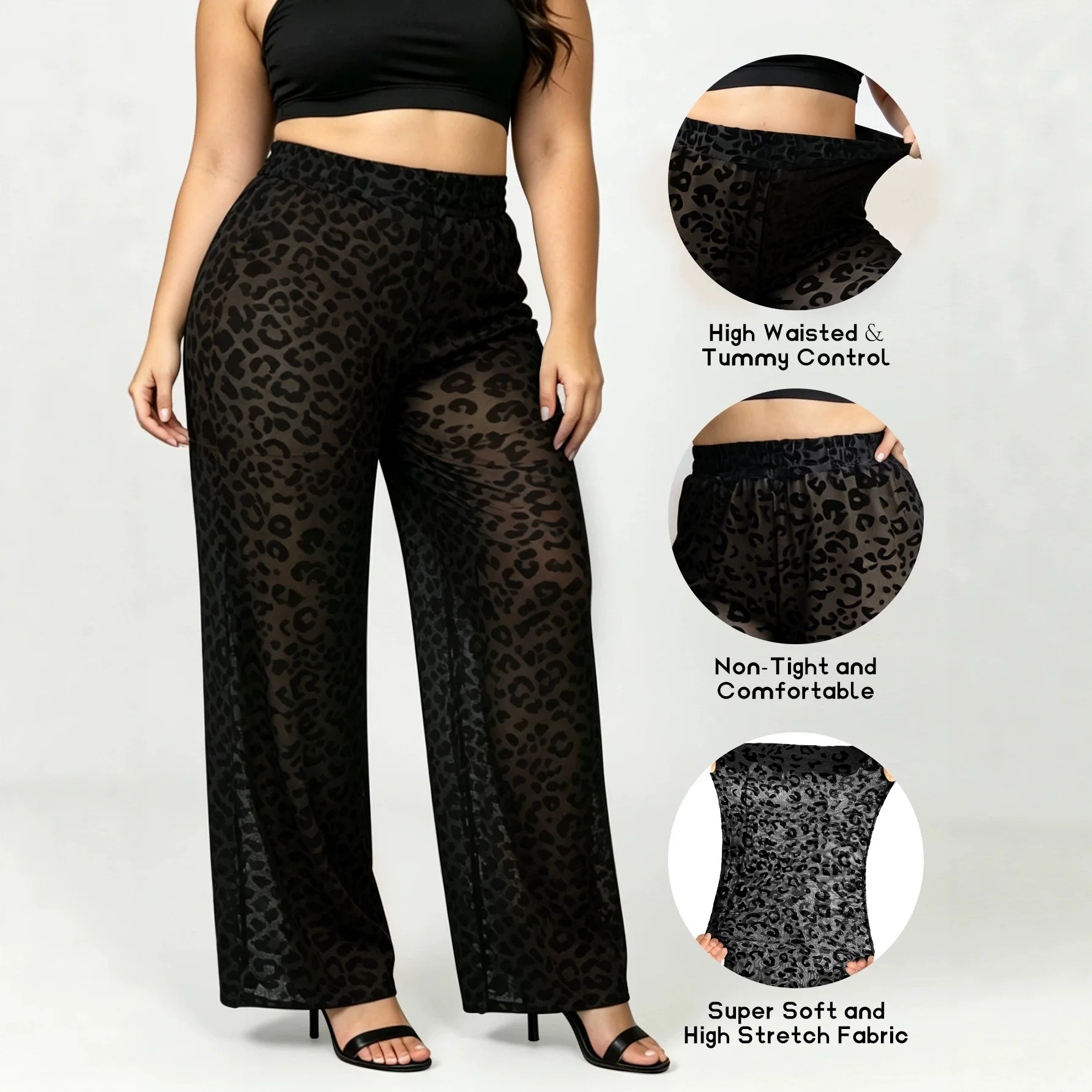 Women Plus Size Leopard Mesh Wide Leg Pants Elastic Waist With Safety Shorts Sheer Casual Trousers