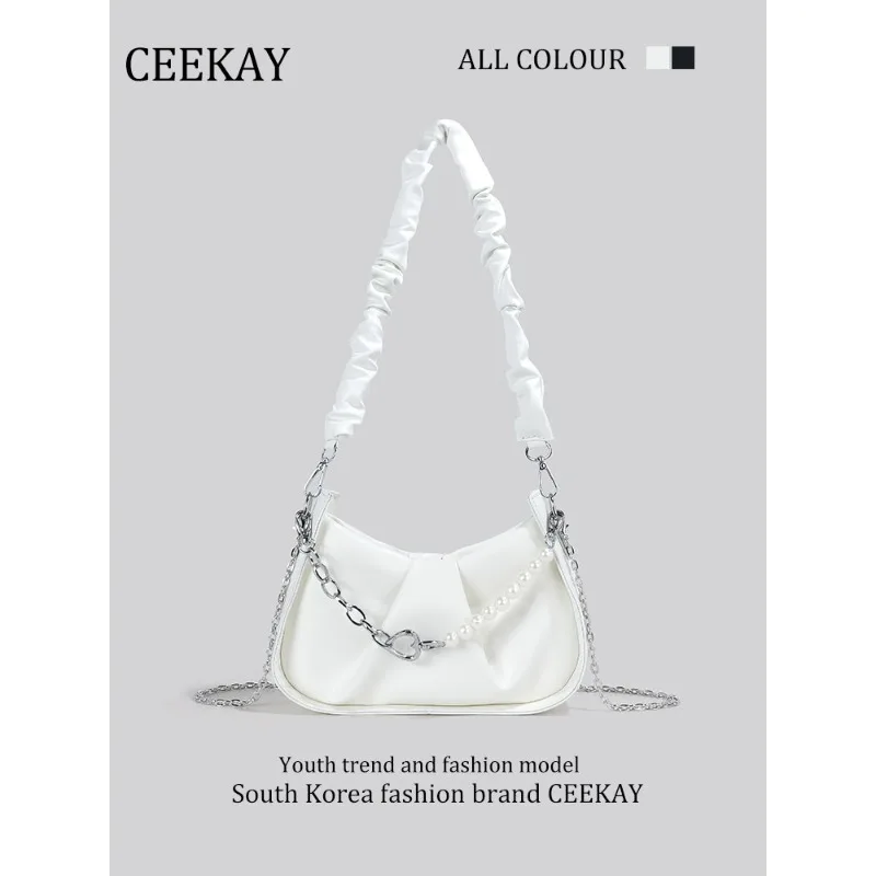 

2026 New CEEKAY Ruched Cloud Bag, Soft Leather Shoulder Bag with Pearl Heart , Casual Underarm Bag for Women Pleated Strap Tote