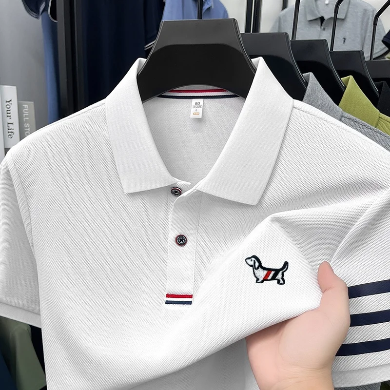Luxusmarke Herren Hochwertiges Kurzarm-Poloshirt mit Kragen, Welpen-Stickerei am Ärmel, Streifen am Bündchen, T-Shirt für Business und Freizeit, Herrenbekleidung – Detail 9