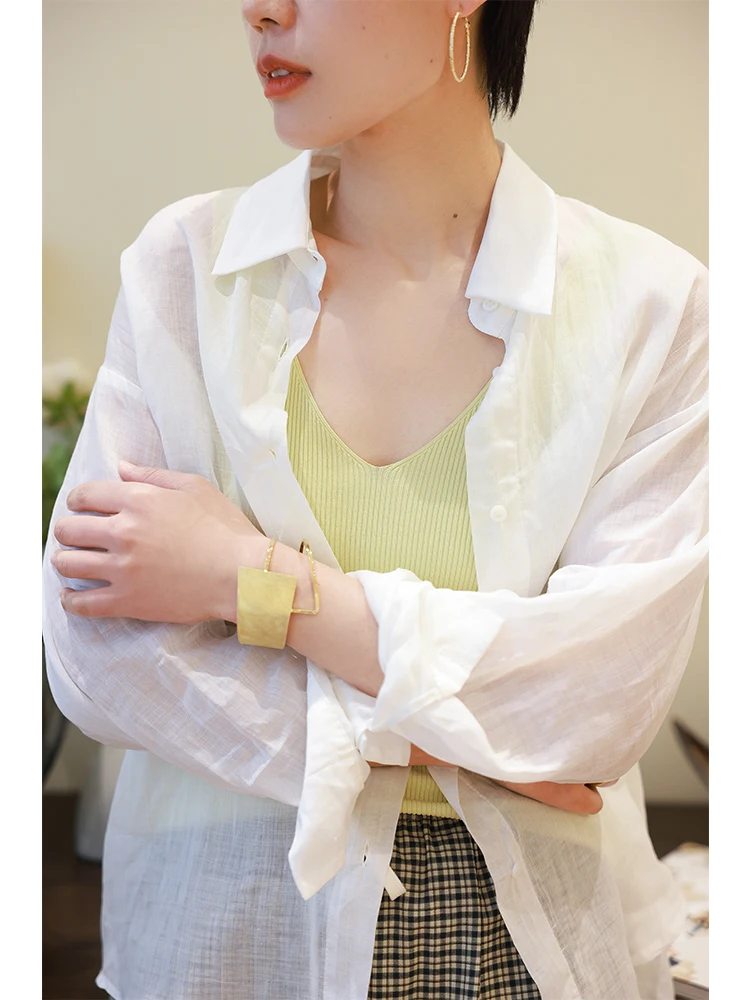 

Linen Long Sve Women's irt Summer 2026 Loose Fit Breathable Thin Sun Protection Versatile White irt Casual Chic